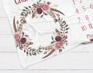Boho Floral Personalized Baby Milestone Blanket, Baby shower gift, Personalized Baby Name Blanket ,watch me grow blanket