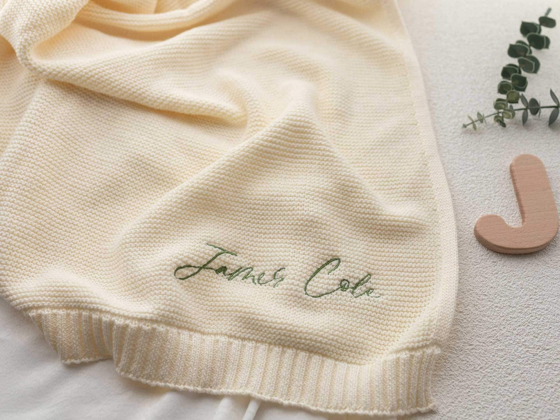 Personalized Knit Baby Blanket | Embroidery Gift for Baby Shower | Stroller Blanket | Monogrammed Newborn Baby Gift | Soft Cotton Knit