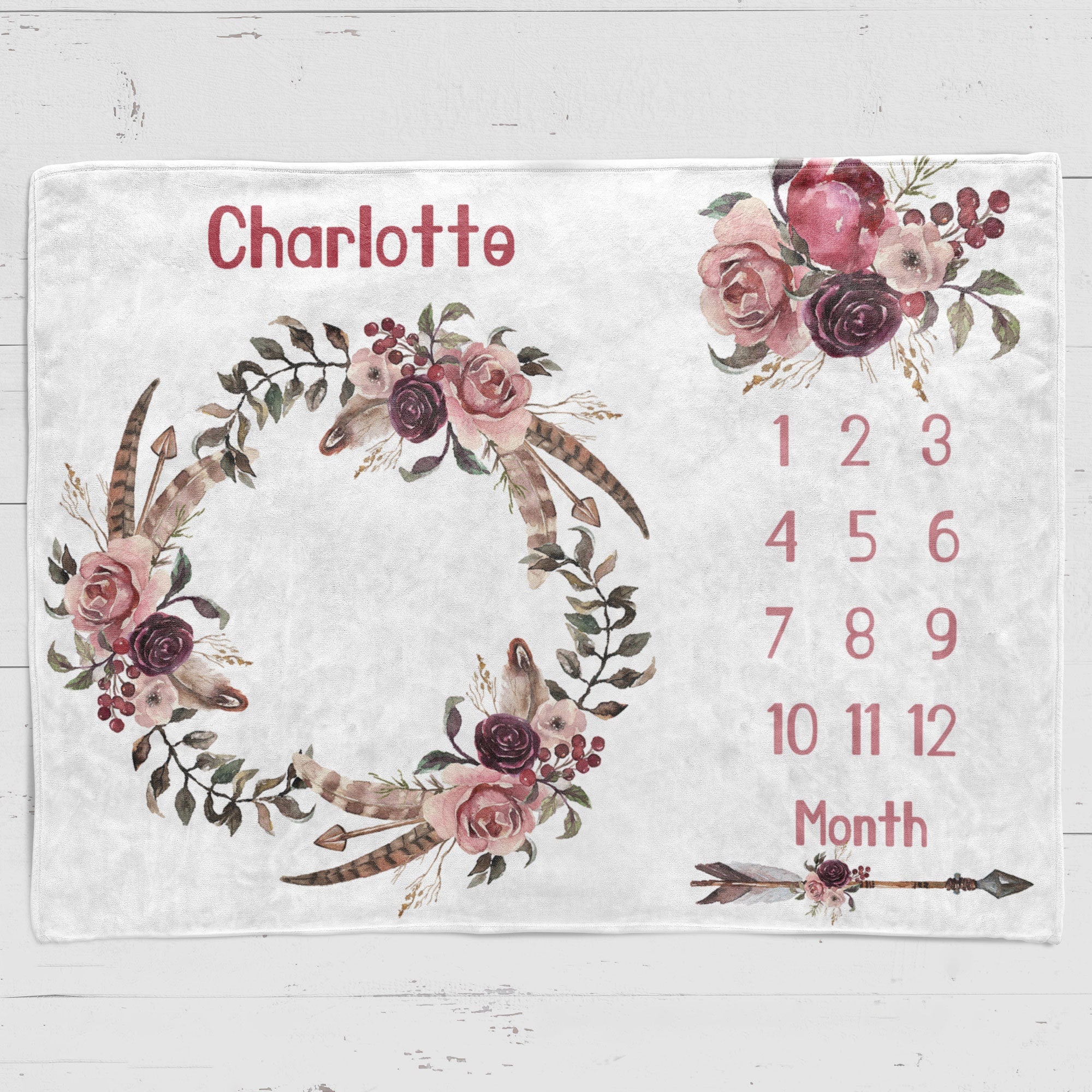 Boho Floral Personalized Baby Milestone Blanket, Baby shower gift, Personalized Baby Name Blanket ,watch me grow blanket