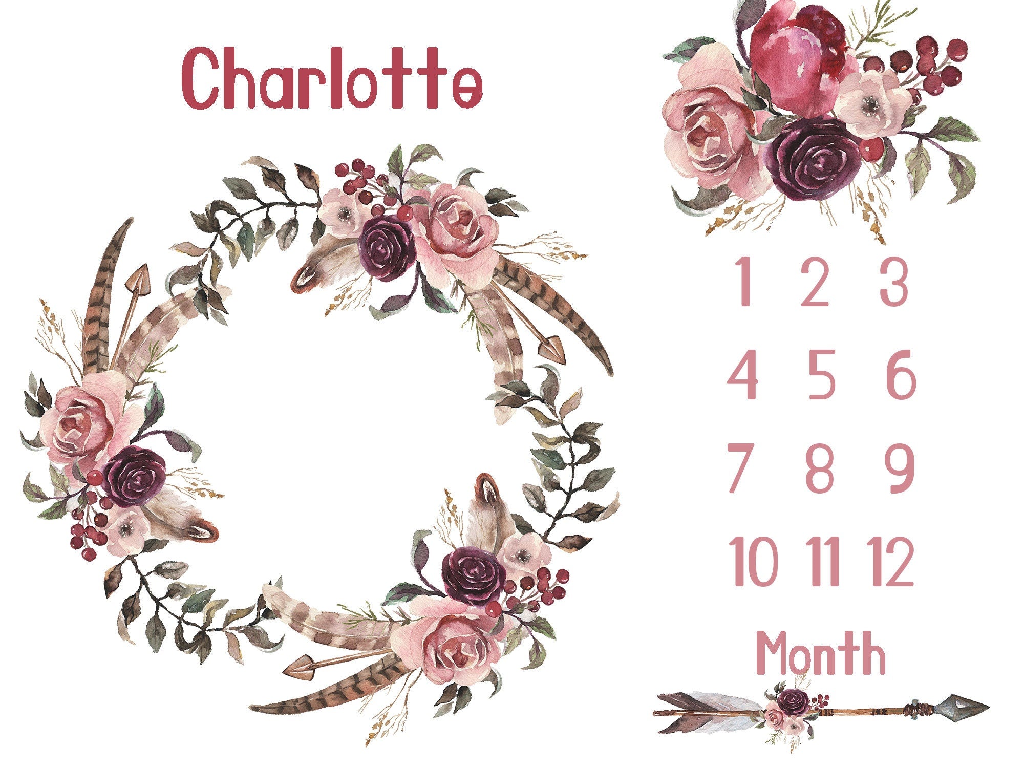 Boho Floral Personalized Baby Milestone Blanket, Baby shower gift, Personalized Baby Name Blanket ,watch me grow blanket