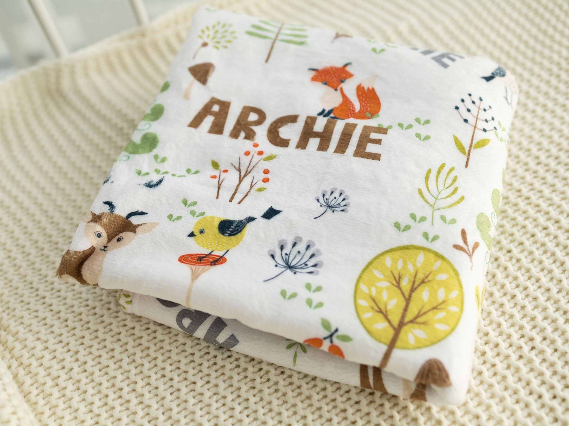 Forest Friends Personalized Baby Name Blanket, Forest Deer and Fox Blankets, Baby shower gift,  Baby Girl Blanket, Baby Boy Blanket
