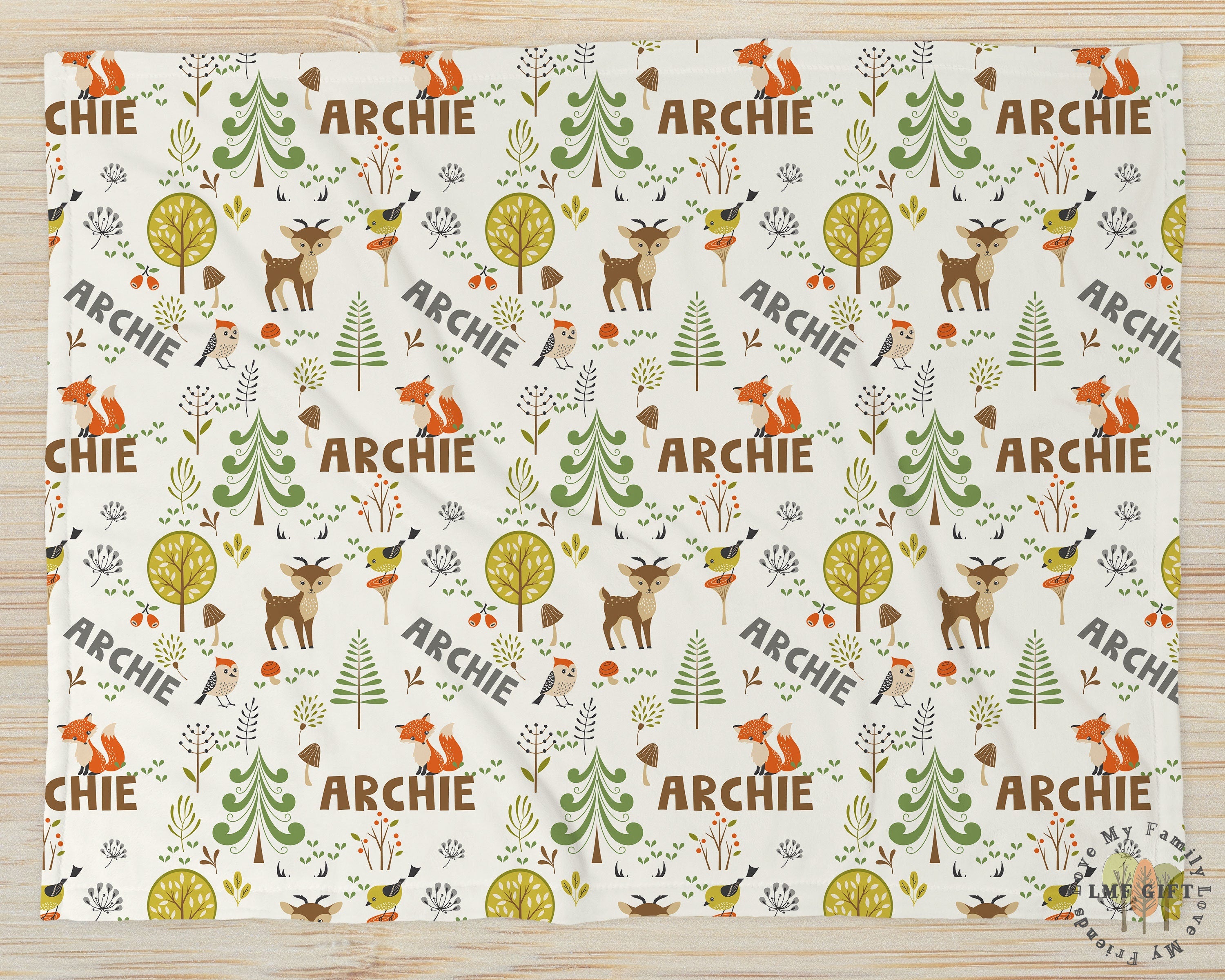 Forest Friends Personalized Baby Name Blanket, Forest Deer and Fox Blankets, Baby shower gift,  Baby Girl Blanket, Baby Boy Blanket