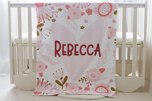 Personalized Baby Blanket, Free Shipping, Custom baby blanket, Baby Girl Blanket, Pink Flower Throw Blanket, Baby Gift, Embroidery Blanket